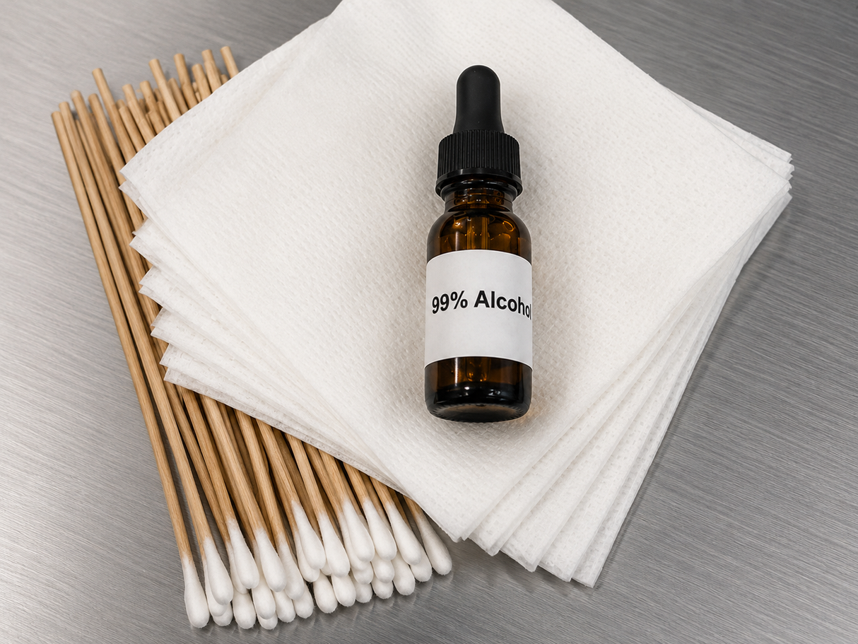 Kit de limpieza de lentes y espejos 1/2 oz IPA puro al 99 % y 100 bastoncillos de algodón 10 toallitas de algodón sin pelusa