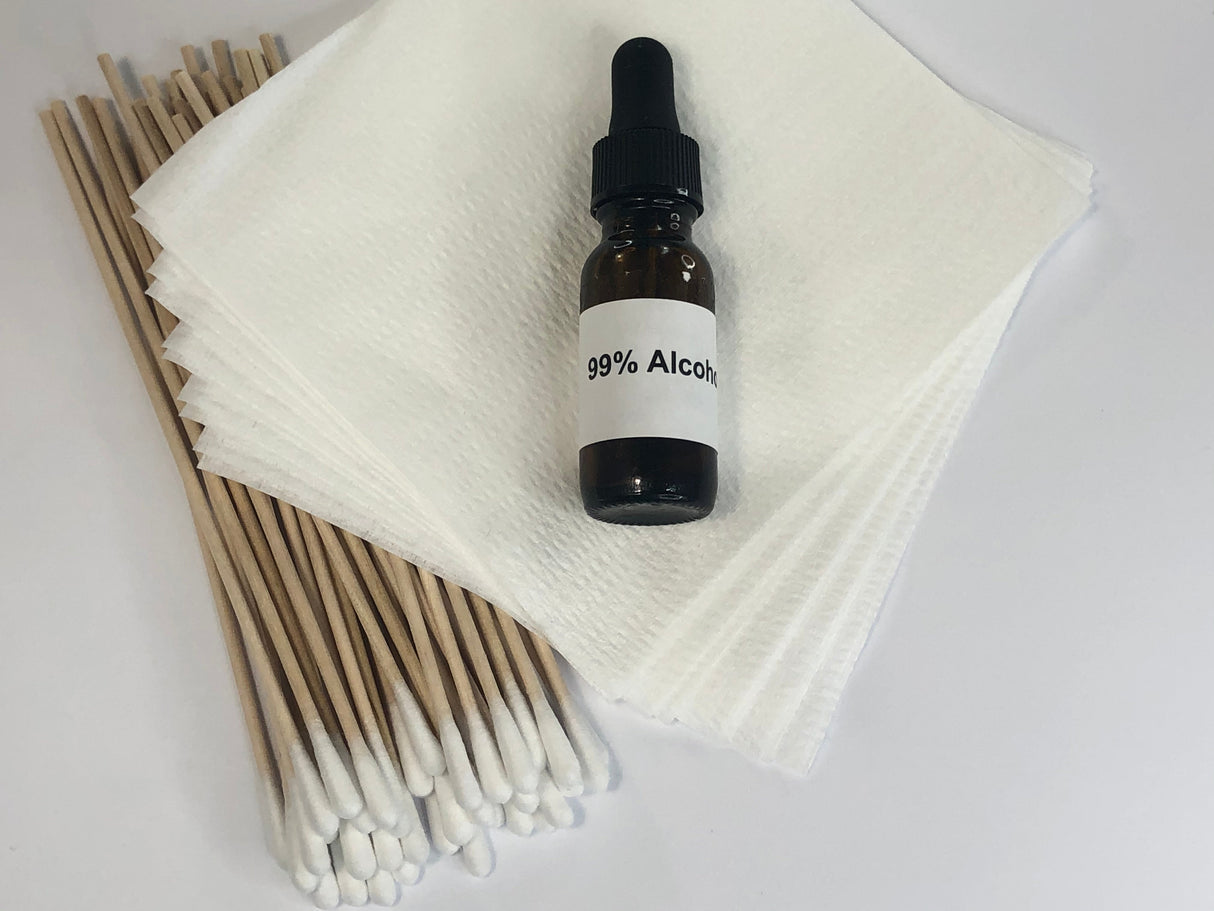 Lens & Mirror Cleaning Kit 1/2 oz 99% Pure IPA and 100 Cotton Q-tips 10 lint free cotton wipes